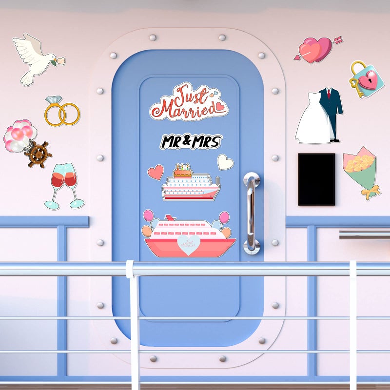 Hoteam 14 Pcs Just Married Cruise Door Magnets Wedding Refrigerator Decorations Cruise Cabin Door Sign for Stateroom Ship Car Honeymoon Anniversary Wedding Party Panel Tailgate Decor - Image 4