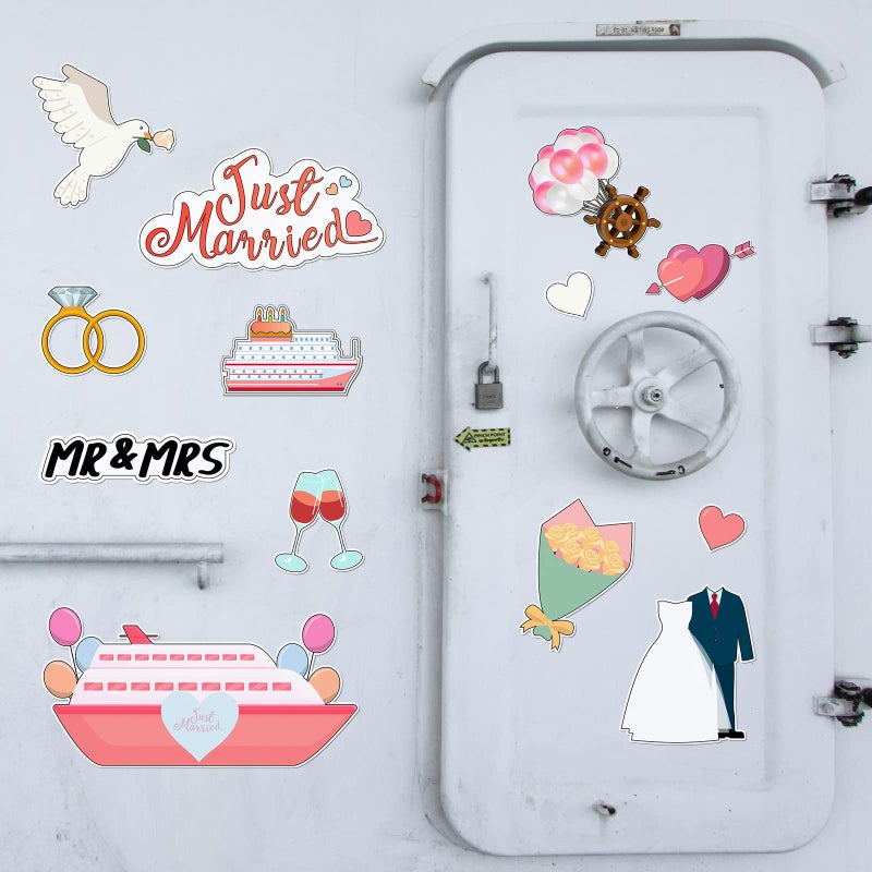 Hoteam 14 Pcs Just Married Cruise Door Magnets Wedding Refrigerator Decorations Cruise Cabin Door Sign for Stateroom Ship Car Honeymoon Anniversary Wedding Party Panel Tailgate Decor - Image 5
