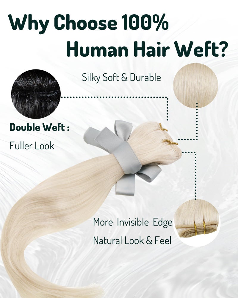 RUNATURE Blonde Weft Hair Extensions Human Hair,#800 Ice Blonde,14 Inch 100g,Straight Short Sew in Hair Extensions Real Human Hair Weft Extensiosn,Full Head Double Weft - Image 4