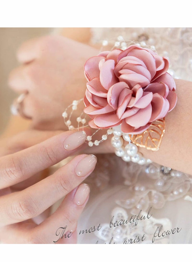 KASTWAVE Rose Corsage Bracelet Set, 2 Pcs Floral Wedding Wrist Corsage with Rhinestone and Pearl - Image 2