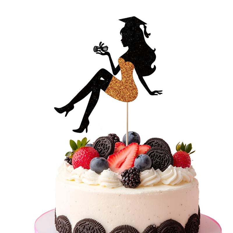 Chewarelly 1 Pack 2025 Graduation cake Topper  Glitter Congrats Grad Cake Decor Class Of Cake Picks for Senior High School College Grad Party Decorations Supplies(Black with Orange) Girls - Image 1