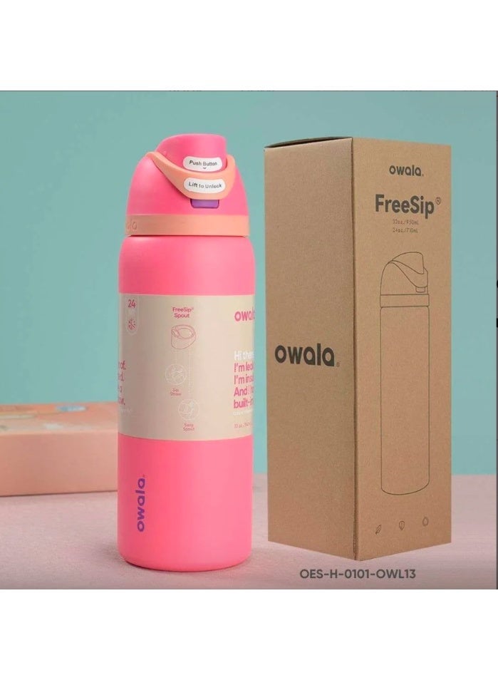 زجاجة مياه رياضية من الفولاذ المقاوم للصدأ معزولة بطبقتين من Owala FreeSip مع شفاطة، خالية من مادة BPA، عبوة واحدة، 32 أونصة (فوشيا) - Image 1