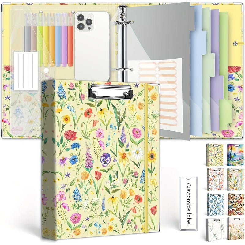 1 Inch 3 Ring Binder Organizer With Clipboard 5 Tab Dividers 18 Stickers Pen Loop Letter Size Yellow Flower - Image 1