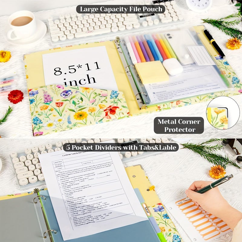 1 Inch 3 Ring Binder Organizer With Clipboard 5 Tab Dividers 18 Stickers Pen Loop Letter Size Yellow Flower - Image 5