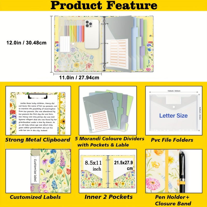 1 Inch 3 Ring Binder Organizer With Clipboard 5 Tab Dividers 18 Stickers Pen Loop Letter Size Yellow Flower - Image 3