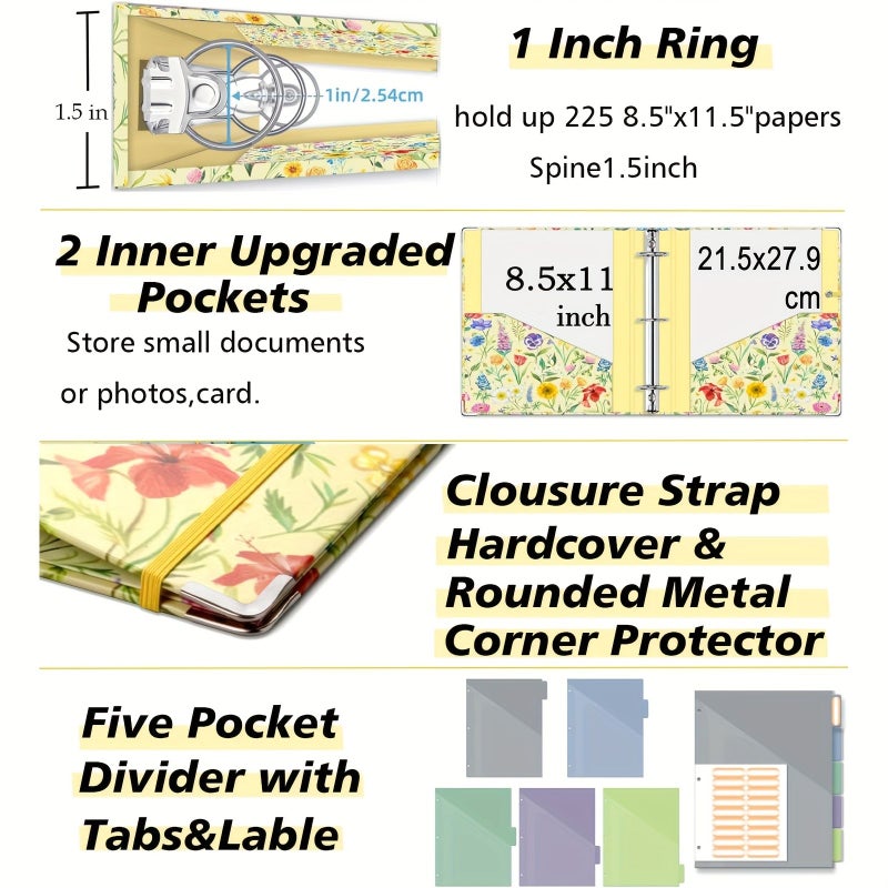 1 Inch 3 Ring Binder Organizer With Clipboard 5 Tab Dividers 18 Stickers Pen Loop Letter Size Yellow Flower - Image 4