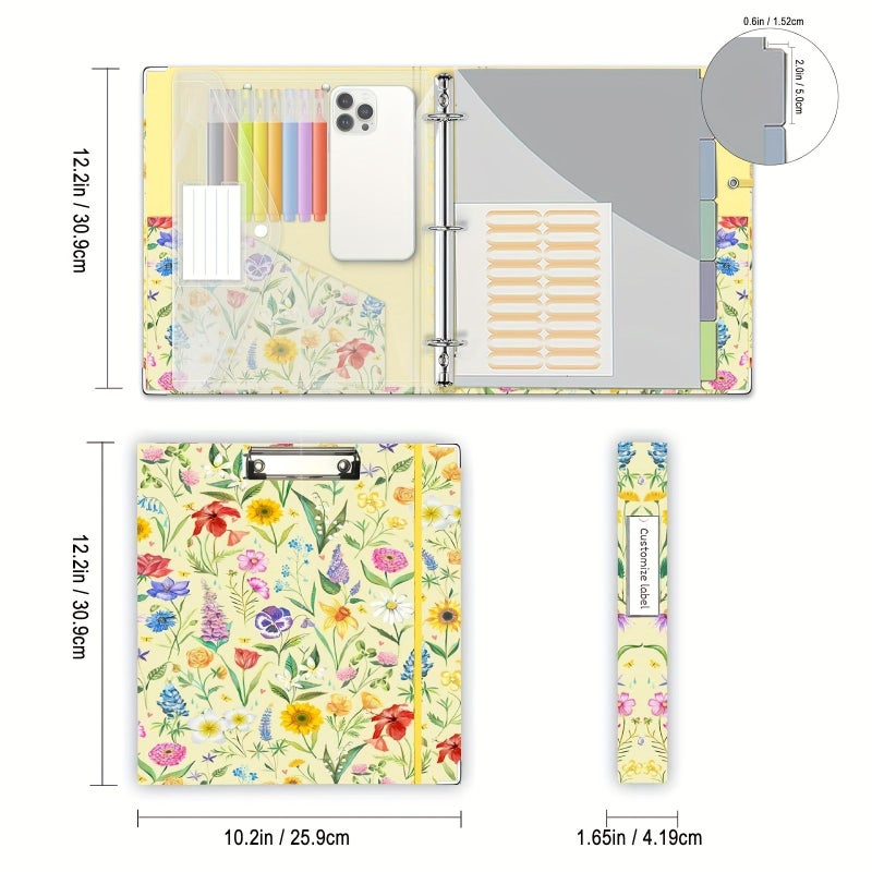 1 Inch 3 Ring Binder Organizer With Clipboard 5 Tab Dividers 18 Stickers Pen Loop Letter Size Yellow Flower - Image 2