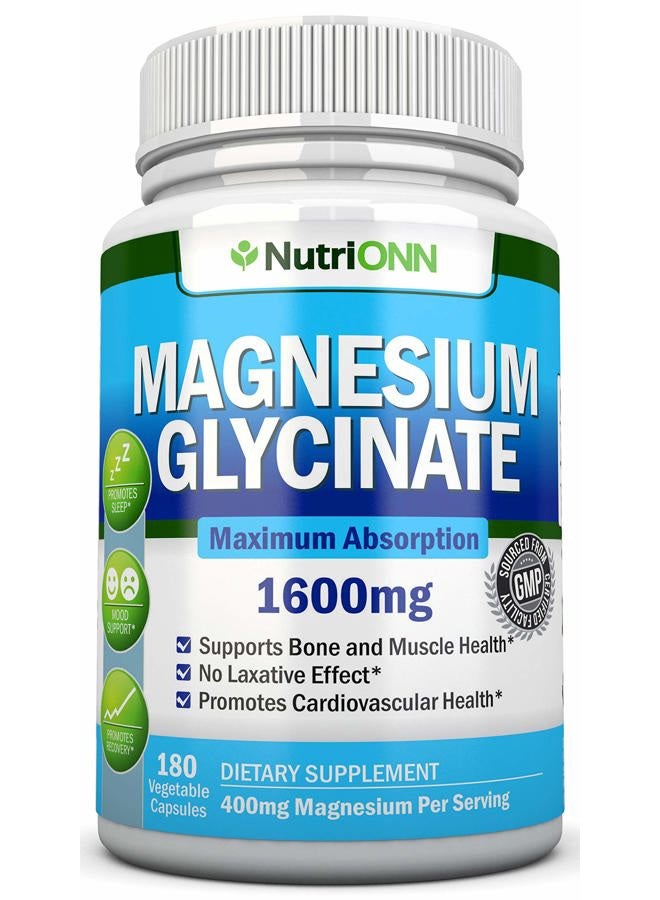 NutriONN Magnesium Glycinate - 1600 mg - 180 Vegan Capsules - Maximum Absorption - Chelate Vegan Supplement - High Bioavailability - Great for Heart Health and Muscle Cramps - Image 1