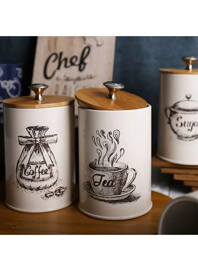 Green 3 Pieces Bamboo Lid Storage Jar Set With Reusable Flip Top Iron Canisters And Labeled Lids For Coffee Tea Sugar Pantry Organization And Dry Goods Spices - Image 1