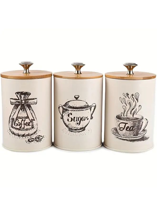 Green 3 Pieces Bamboo Lid Storage Jar Set With Reusable Flip Top Iron Canisters And Labeled Lids For Coffee Tea Sugar Pantry Organization And Dry Goods Spices - Image 2