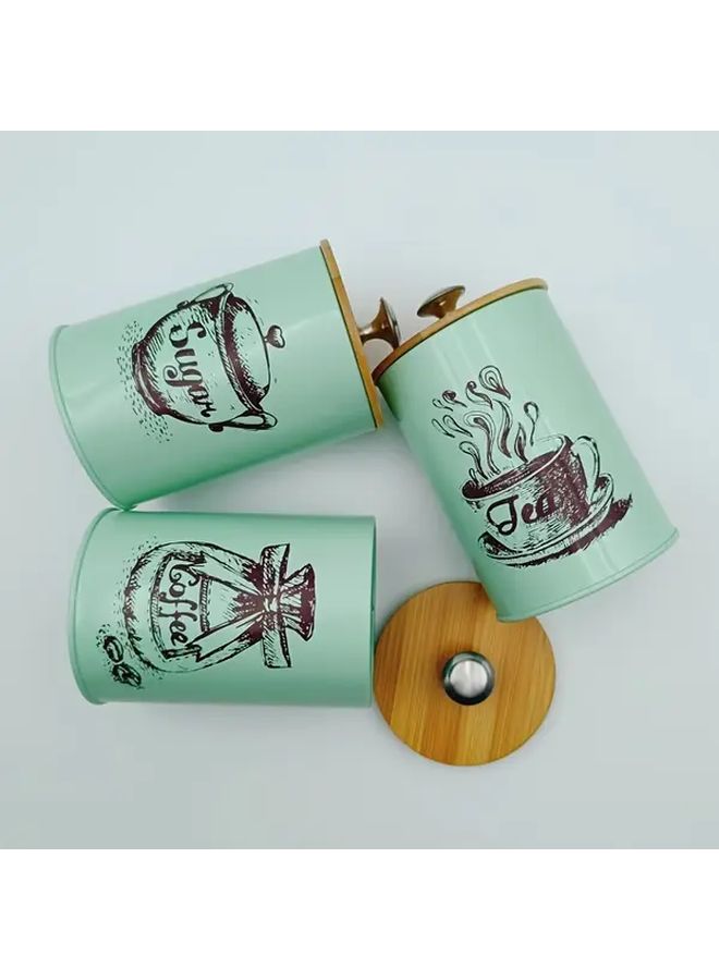 Green 3 Pieces Bamboo Lid Storage Jar Set With Reusable Flip Top Iron Canisters And Labeled Lids For Coffee Tea Sugar Pantry Organization And Dry Goods Spices - Image 4