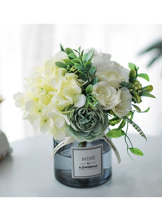 Peachjoy Artificial Flowers With Vases, Faux Flowers Rose Bouquet Table Decoration, Hydrangea Artificial Flower Table Wedding Party Family Bedroom Living Room Table Decoration (White) - Image 1