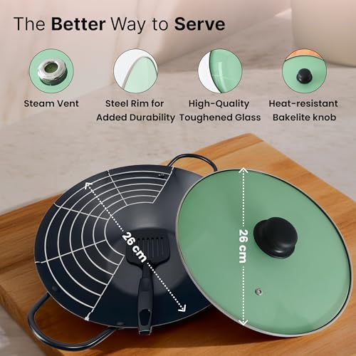 UMAI Glass Pot Lid for Utensils (Small - 16 cm) | Universal Cooking Lid With Steel Rim for Kadai & Pans (Green) - Image 4