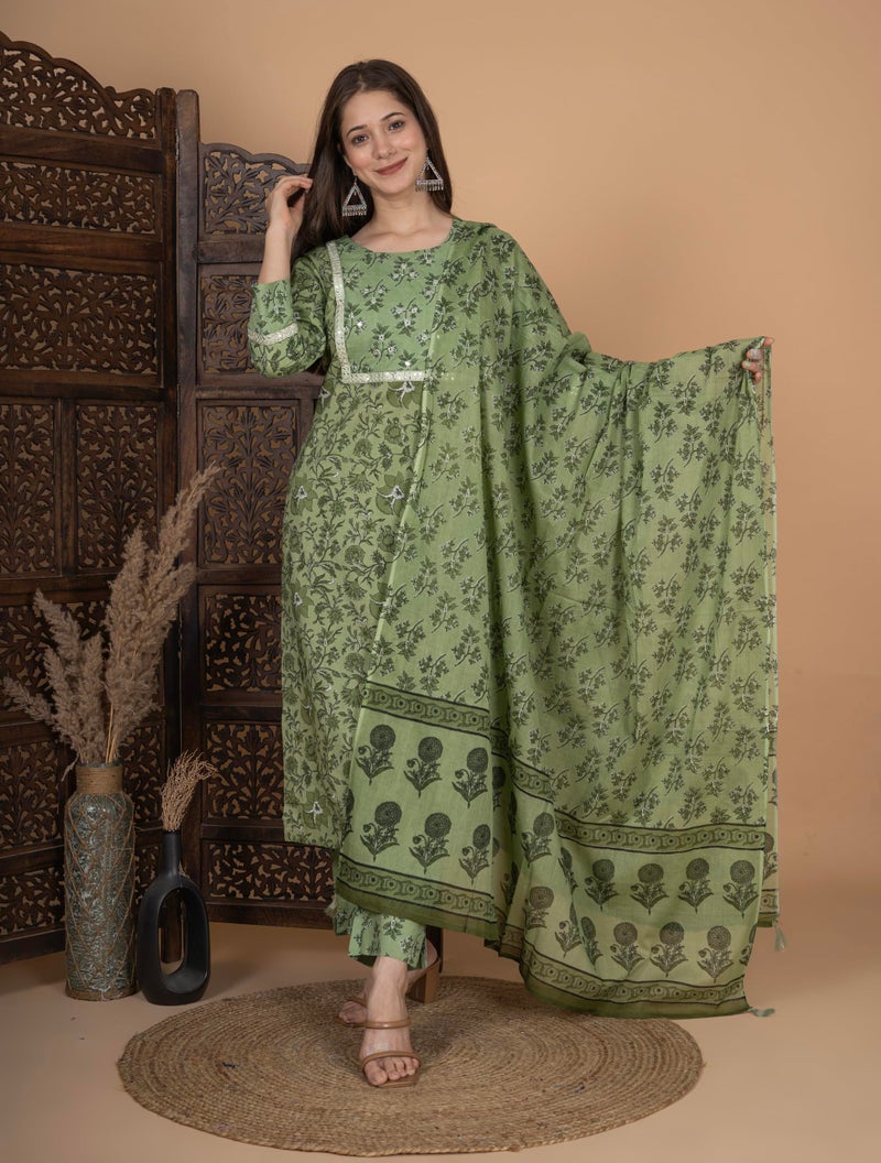 MEERA FAB Women's Cotton Printed Straight Kurta with Palazzo & Dupatta Set with Yoke Green - Image 2