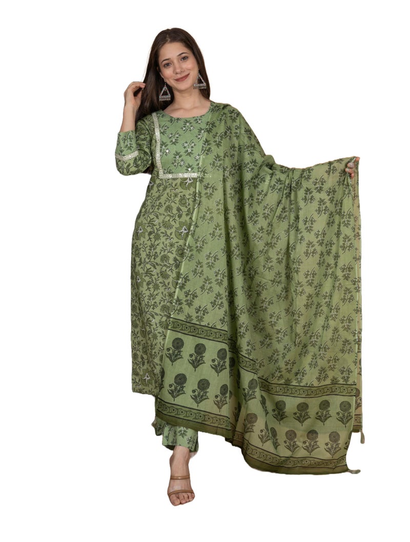 MEERA FAB Women's Cotton Printed Straight Kurta with Palazzo & Dupatta Set with Yoke Green - Image 1