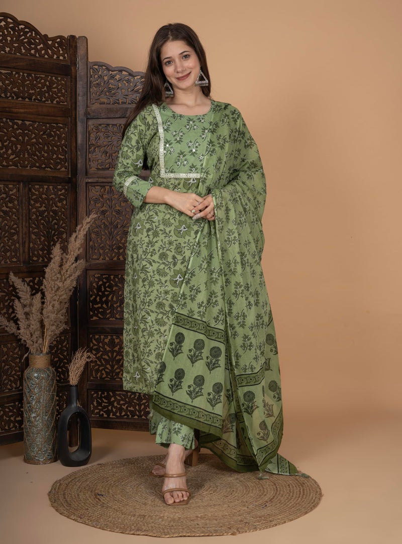 MEERA FAB Women's Cotton Printed Straight Kurta with Palazzo & Dupatta Set with Yoke Green - Image 3