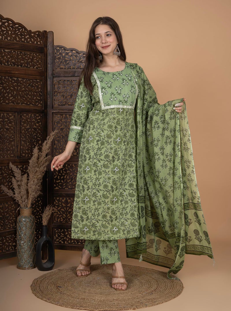 MEERA FAB Women's Cotton Printed Straight Kurta with Palazzo & Dupatta Set with Yoke Green - Image 4
