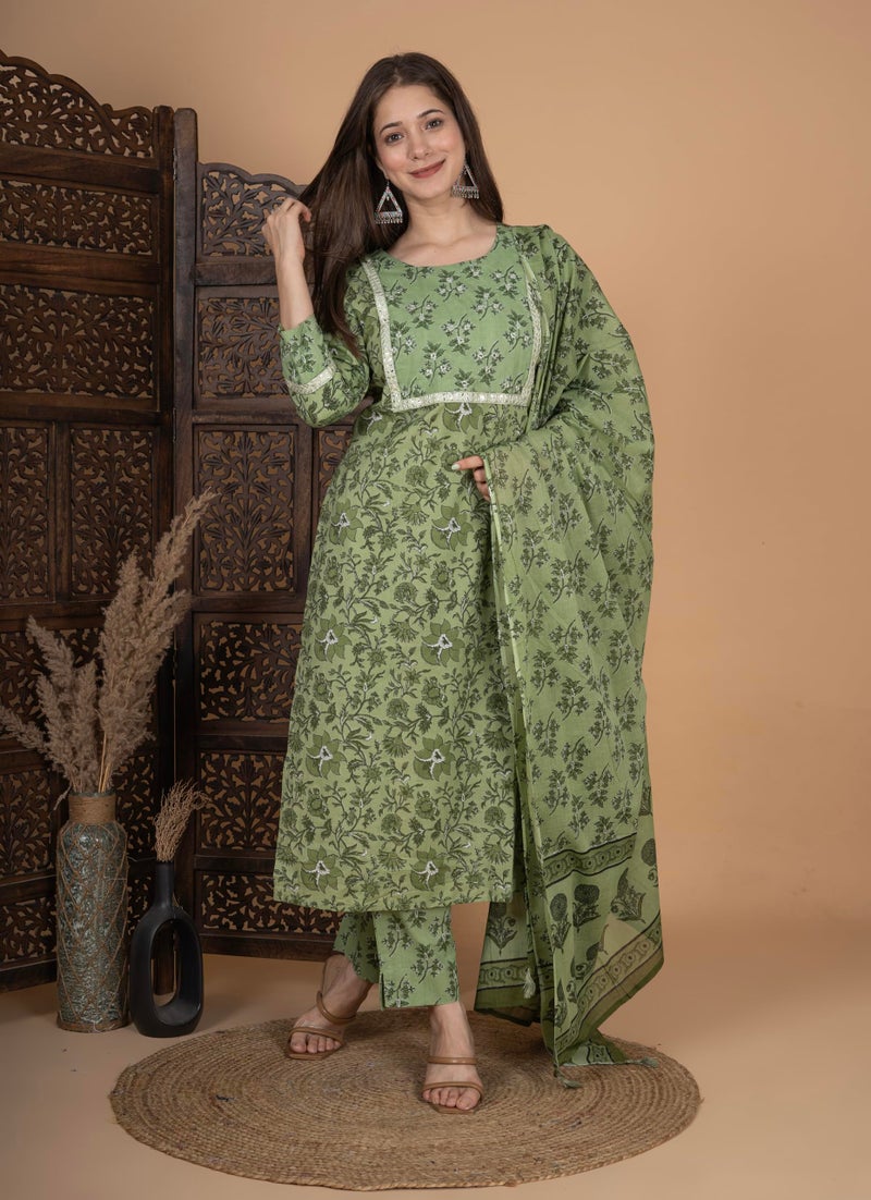 MEERA FAB Women's Cotton Printed Straight Kurta with Palazzo & Dupatta Set with Yoke Green - Image 5