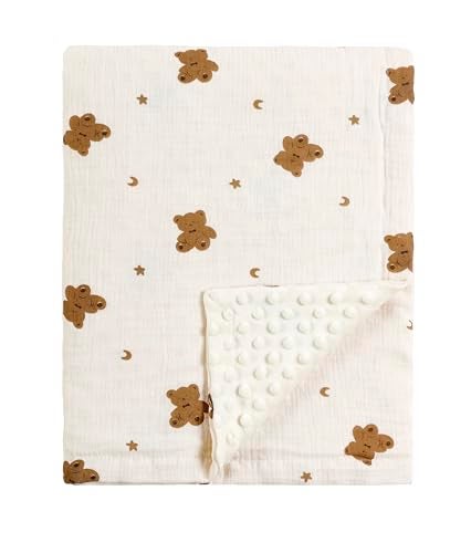 CREVENT 30X40 Organic Muslin Cotton Baby Blanket for Newborns Soft Mink Backing Essential for Baby Shower Birthday Gift Bear 75X100cm - Image 1