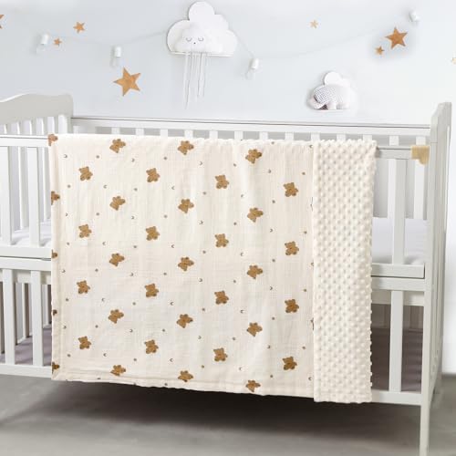CREVENT 30X40 Organic Muslin Cotton Baby Blanket for Newborns Soft Mink Backing Essential for Baby Shower Birthday Gift Bear 75X100cm - Image 3