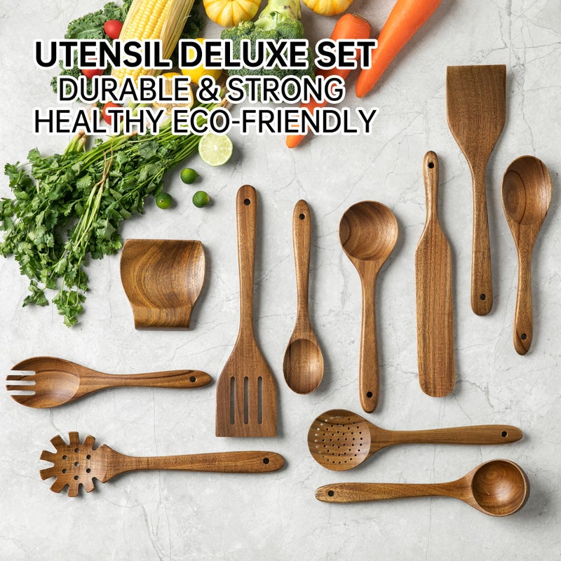 Fyctio 12 PCS Acacia Wooden Spoons for Cooking - Heat-Resistant, Comfort Grip,Easy to Clean, Non-stick Friendly - Kitchen Utensil Set with Holder, Spoon Rest & 6 Hooks, Ideal for Gifting - Image 4