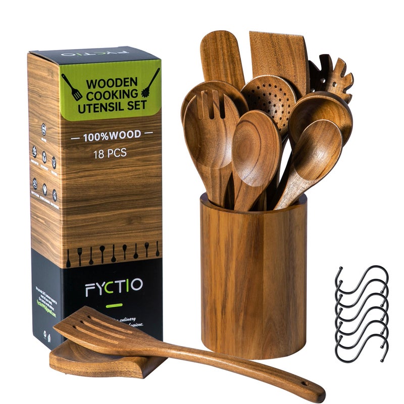 Fyctio 12 PCS Acacia Wooden Spoons for Cooking - Heat-Resistant, Comfort Grip,Easy to Clean, Non-stick Friendly - Kitchen Utensil Set with Holder, Spoon Rest & 6 Hooks, Ideal for Gifting - Image 1