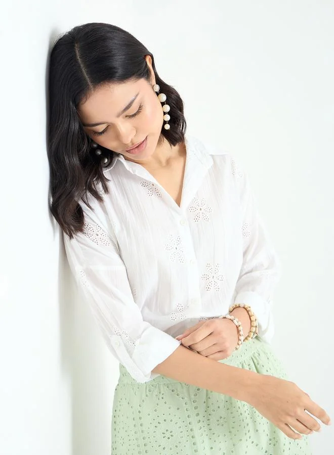 Styli Styli White Broderie Oversized Shirt