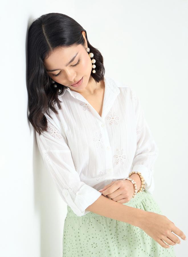 Styli White Broderie Oversized Shirt - Image 1