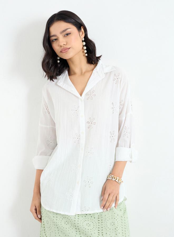 Styli White Broderie Oversized Shirt - Image 3
