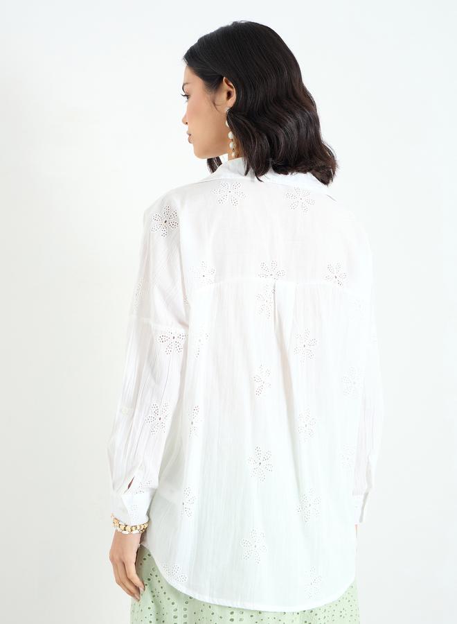 Styli White Broderie Oversized Shirt - Image 5