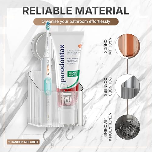 NEVADRILL Vacuum Suction Toothbrush Holder for Bathroom | Wall Mounted No-Drill Toothpaste Storage Rack with Hooks | Strong Adhesive Organizer for Tiles, Glass, Marble & Wooden Walls [ND-1003SG] - Image 3
