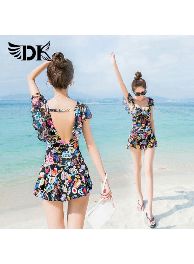 Dkdk Conservative Swimsuit For Women, Tummy Control, Push-up, Plus Size, Slimming, One-piece Dress Style, Backless, Suitable For Hot Springs And Swimming, Pearl Luster, Size L - Image 1