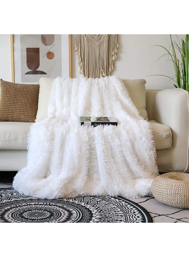 Tuddrom بطانية فاخرة ناعمة مزخرفة من الفرو الصناعي بحجم كامل 70 × 78 قابلة للعكس خفيفة الوزن بطانية طويلة الشعر فاخرة مريحة من الألياف الدقيقة باللون الأبيض النقي - Image 1