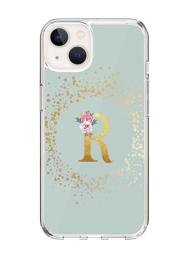 Classic Clear Case For iPhone 15, Hybrid Soft Case Flexible Edges Thin Cover- Custom Monogram Initial Letter Floral Pattern Alphabet - R(Light Green)