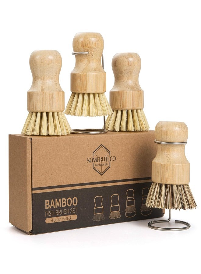 SAMEBUTECO 6-Piece Bamboo Dish Brush Set with 2X Fast-Dry Stainless Steel Holder,3xNatural Sisal Bristle Brush & 1xPalm Bristle Kitchen Cleaning Brushes for Dishes, Pots, Pans & Sink - Image 1