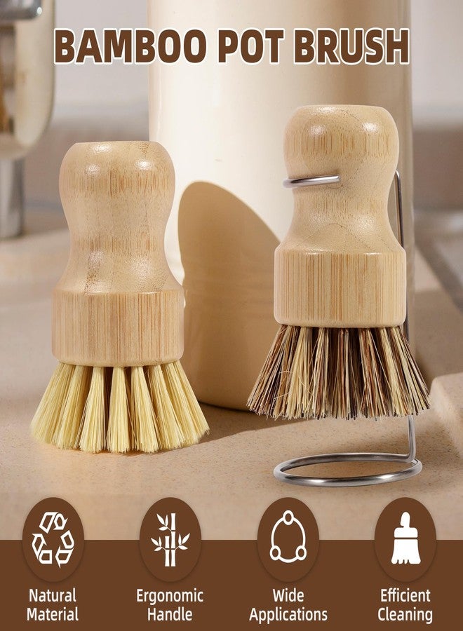 SAMEBUTECO 6-Piece Bamboo Dish Brush Set with 2X Fast-Dry Stainless Steel Holder,3xNatural Sisal Bristle Brush & 1xPalm Bristle Kitchen Cleaning Brushes for Dishes, Pots, Pans & Sink - Image 2