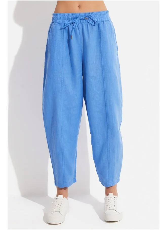 جون June Women Exclusive 100% Linen Elastic Waist Trouser Light Blue