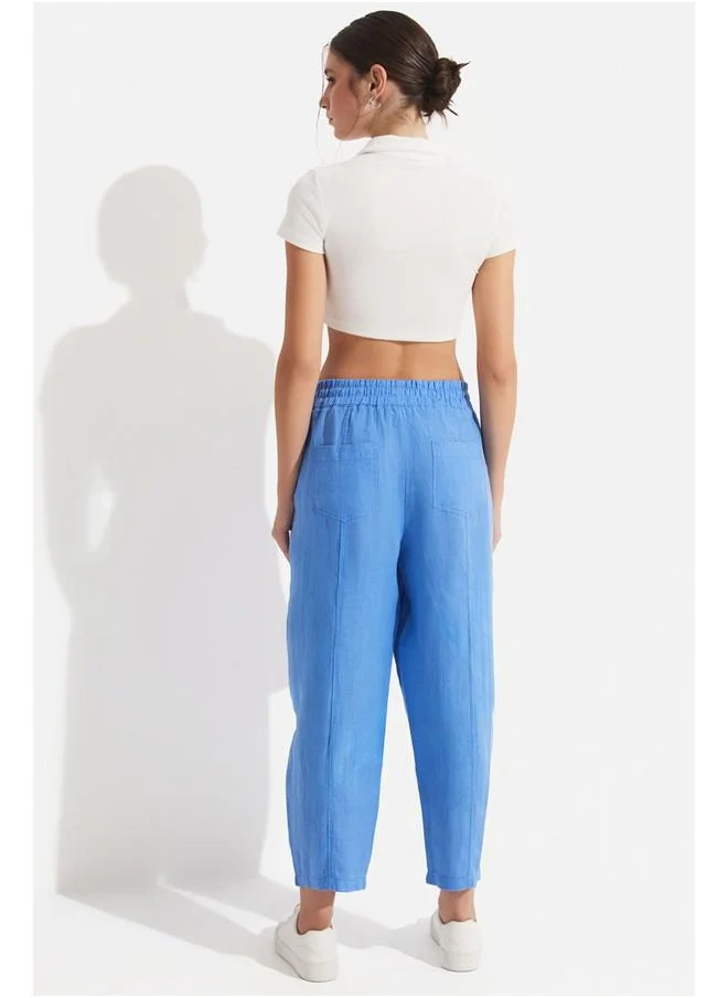جون June Women Exclusive 100% Linen Elastic Waist Trouser Light Blue