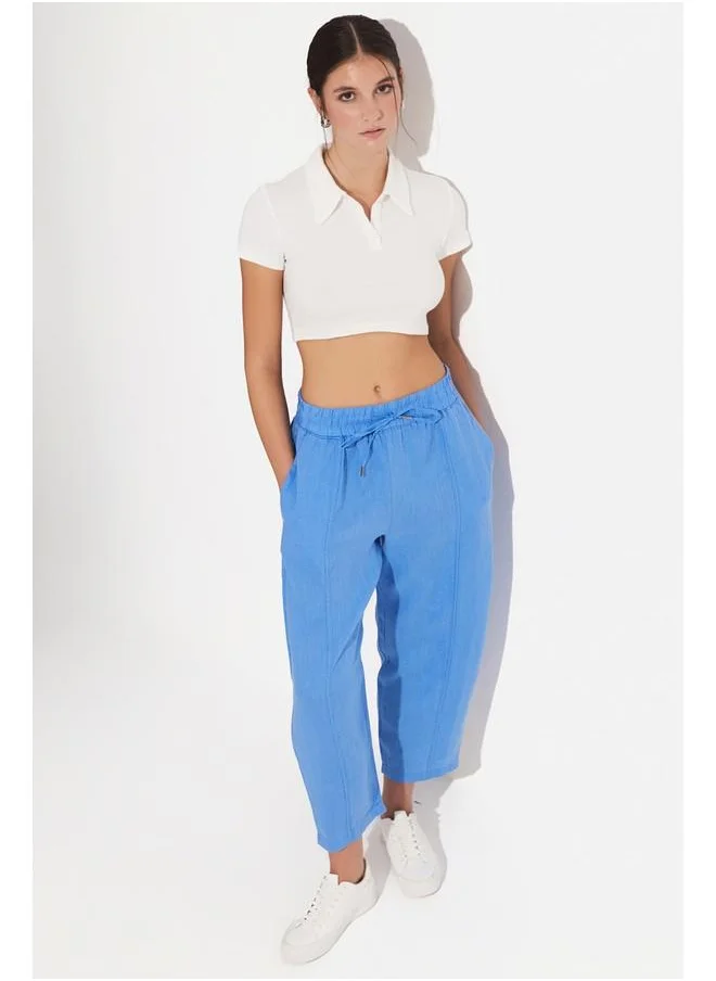 جون June Women Exclusive 100% Linen Elastic Waist Trouser Light Blue