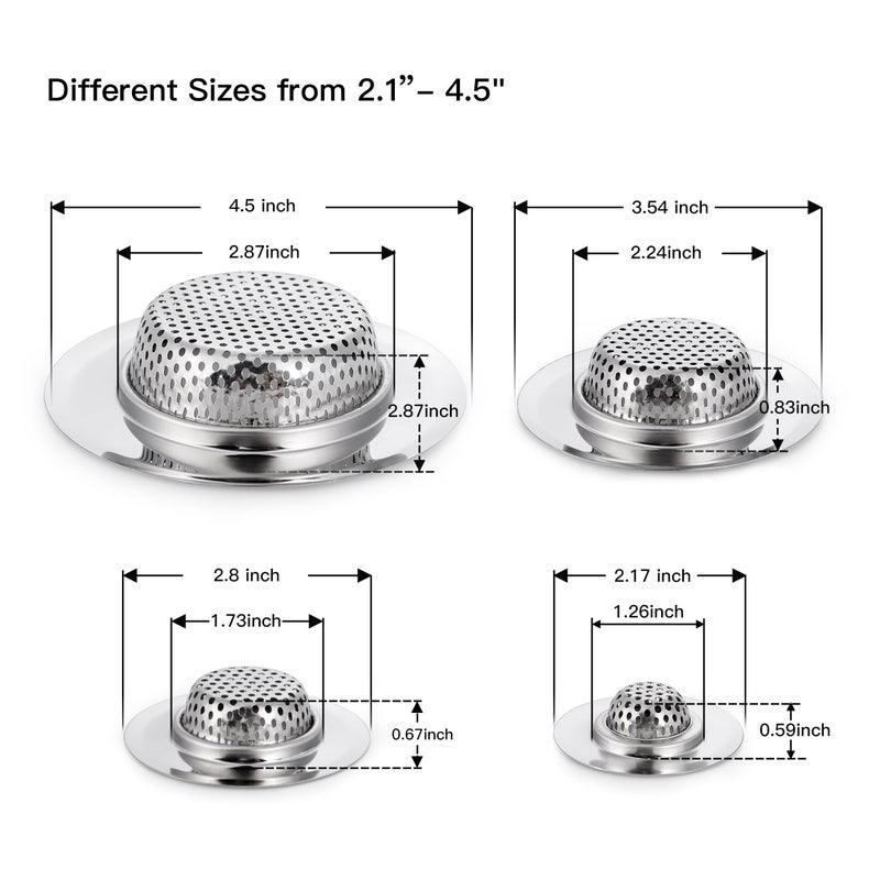 CORNERJOY 4 Pack Heavy Duty Stainless Steel Kitchen Sink Drain Strainer, Bathroom Hair Catcher Shower Drain Cover, Sink Tub Drain Stopper, Wash Basin Floor Drain, 2.1 to 4.5 Inch Diameter Rim - Image 2