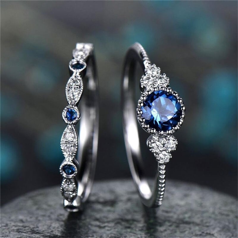 AZQ Fashion 2PCS 925 Sterling Silver Natural Sapphire Ring Round Cut Cubic Zirconia Promise Rings CZ Classical Eternity Engagement Wedding Band Ring Set for Women US Code 8