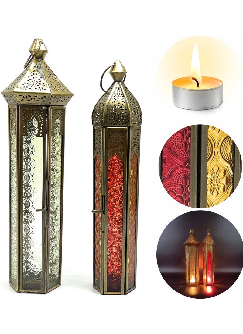 Souq DESIGNS - Moroccan Metal Lantern Set of 2 Ramadan Lantern Decor, Arabic Lanterns for Indoor & Outdoor Use, Garden & Floor Lanterns, Tealight Candle Holders, Gold & Rose Gold Lanterns - Image 1