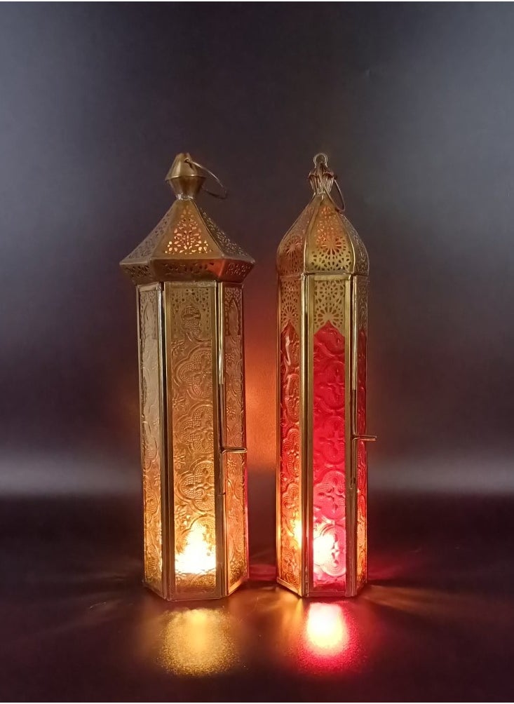 Souq DESIGNS - Moroccan Metal Lantern Set of 2 Ramadan Lantern Decor, Arabic Lanterns for Indoor & Outdoor Use, Garden & Floor Lanterns, Tealight Candle Holders, Gold & Rose Gold Lanterns - Image 1