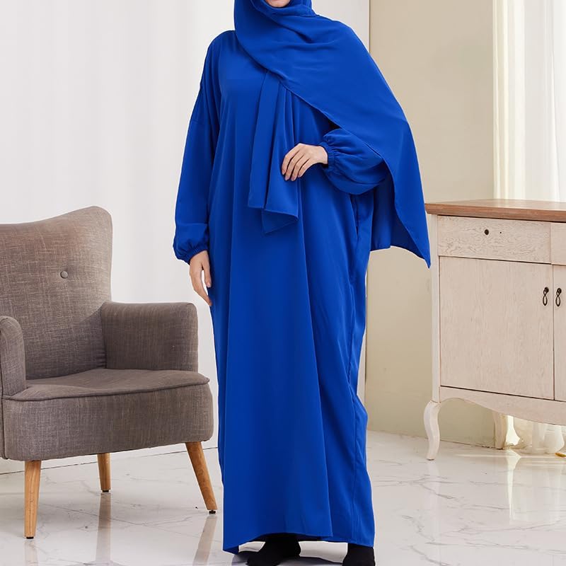 Women's Elegant Blue One-Piece Dress with Hijab - Modest Long Sleeve Robe for Daily Wear - Image 4
