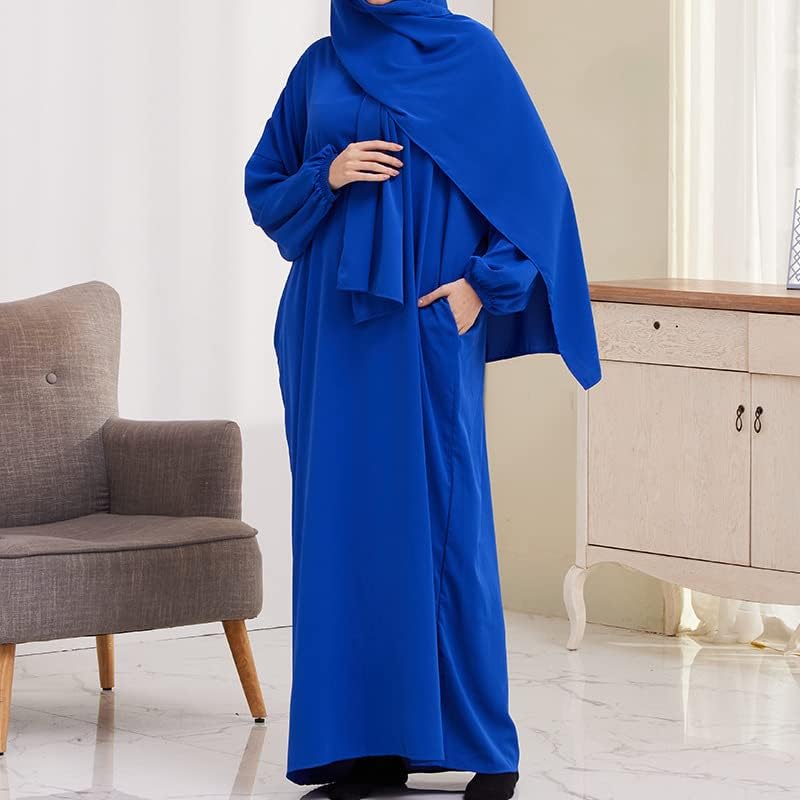 Women's Elegant Blue One-Piece Dress with Hijab - Modest Long Sleeve Robe for Daily Wear - Image 3