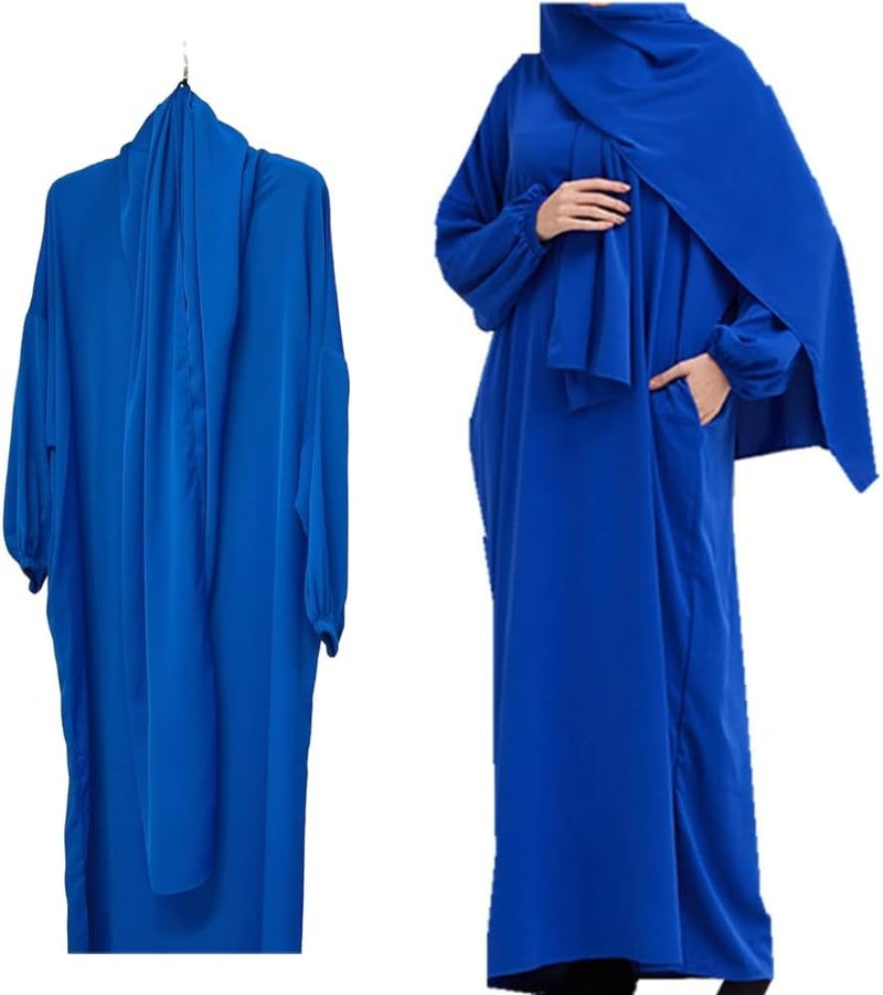 Women's Elegant Blue One-Piece Dress with Hijab - Modest Long Sleeve Robe for Daily Wear - Image 1