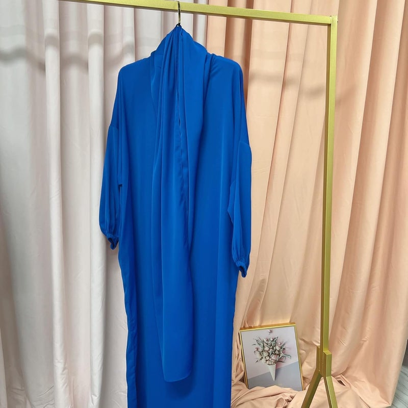 Women's Elegant Blue One-Piece Dress with Hijab - Modest Long Sleeve Robe for Daily Wear - Image 5