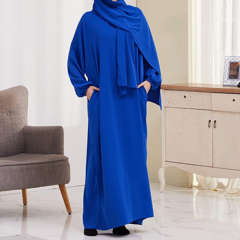 Women's Elegant Blue One-Piece Dress with Hijab - Modest Long Sleeve Robe for Daily Wear - Image 2