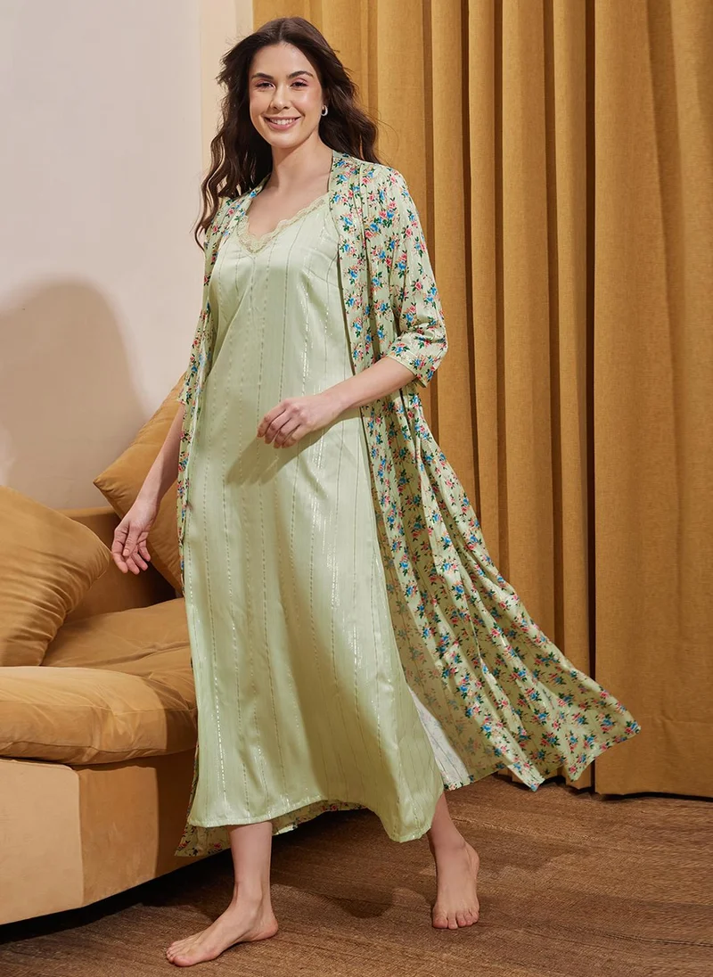 Clovia Clovia Chic Basic Long Night Dress & Pretty Florals Robe in Sage Green - Satin