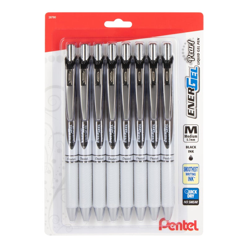 Pentel EnerGel Pearl Retractable Liquid Gel Pen, 0.7mm, Medium Line, Black Ink, 8-Pk (BL77PWBP8A) - Image 1